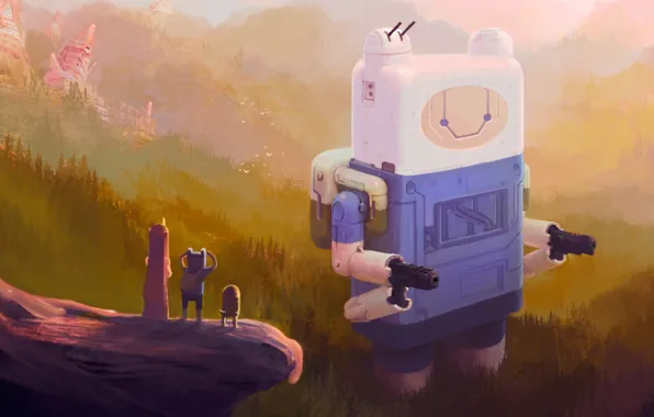 Picture forest, mountains, robot, art, Jack, adventure time, Adventure time, Finn