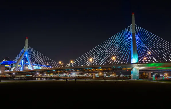 Night, bridge, lights, support, USA, USA, Boston, Massachusetts