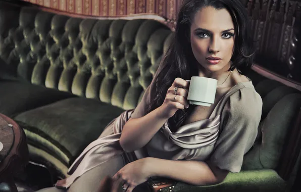 Look, girl, sofa, ring, mug, brown hair, curls, cepochka