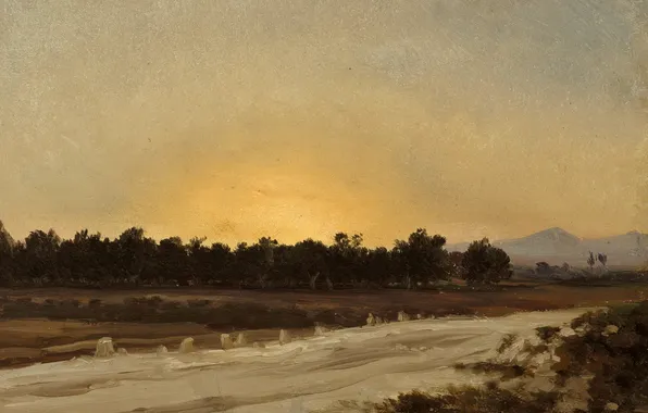Trees, landscape, mountains, picture, Carlos de Haes, Sunset in Elche