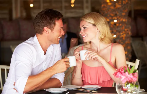 Look, girl, joy, smile, romance, hands, Cup, cafe