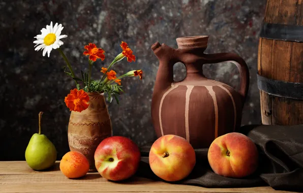 Daisy, vase, pear, pitcher, fruit, still life, apricot, peaches