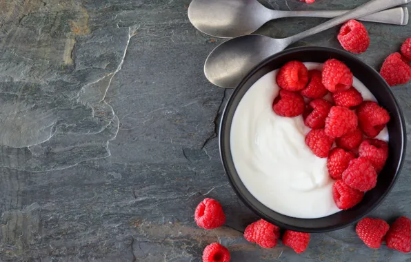 Berries, raspberry, Breakfast, bowl, placer, grey background, cream, spoon