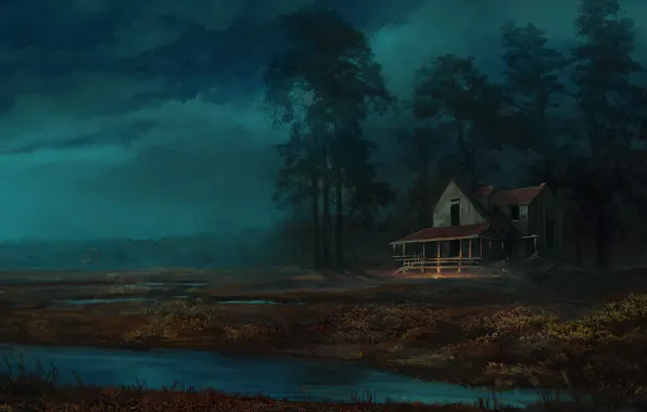 Night, Trees, River, Forest, House, House, Landscape, Landscape