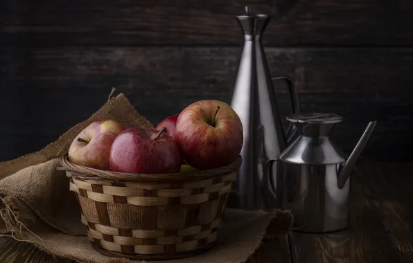 The dark background, table, apples, Board, kettle, dishes, fruit, still life