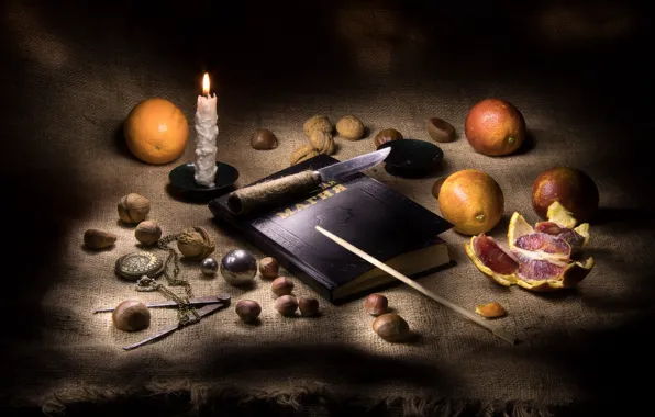 Magic, oranges, knife, book, nuts, still life, grapefruit