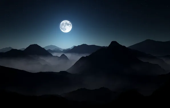 Picture the sky, landscape, mountains, night, fog, darkness, moon, landscape