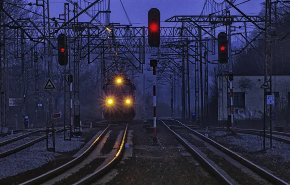 Train, lights, twilight, power lines