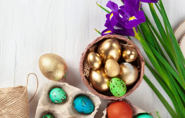 Flowers, holiday, eggs, Easter, irises