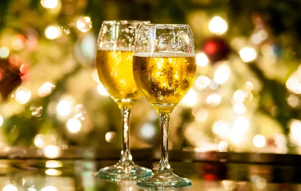 Lights, table, glasses, champagne, holidays, bokeh