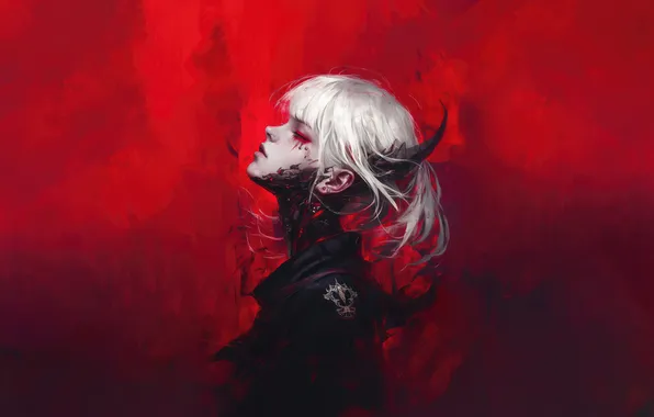 Girl, Red, Anime, cyberpunk, White Hair, Sci-Fi, Red Background, Anime Girl
