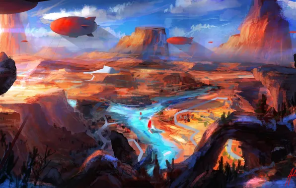 River, art, airships, painted landscape
