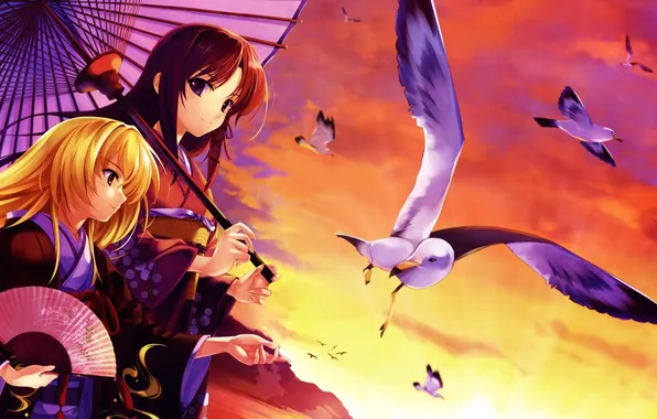 Sunset, birds, umbrella, girls, seagulls, umbrella, art, kimono