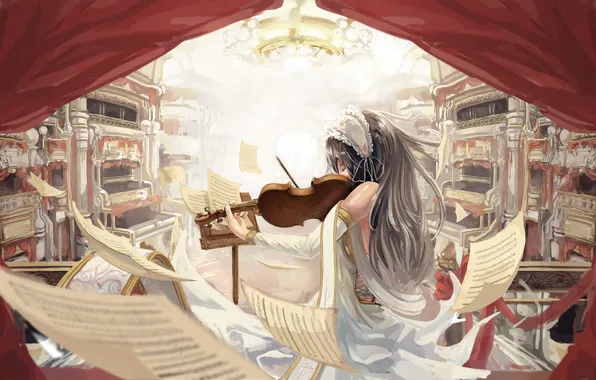 Picture girl, notes, music, violin, art, leaves, Opera, Drapes