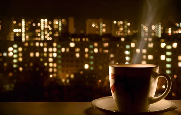 Picture night, lights, coffee, hot, mug