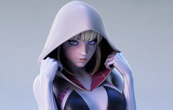 Look, hood, blue eyes, grey background, comics, beautiful girl, blue eyes, look