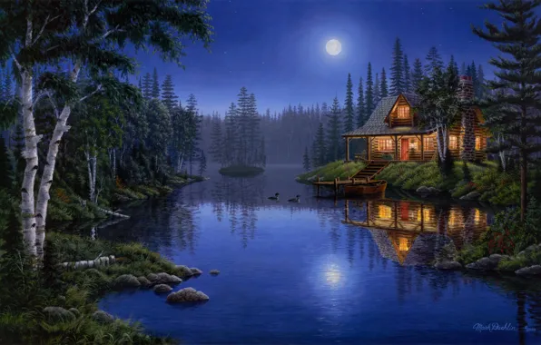 Picture light, moon, house, forest, night, lake, painting, moonlight
