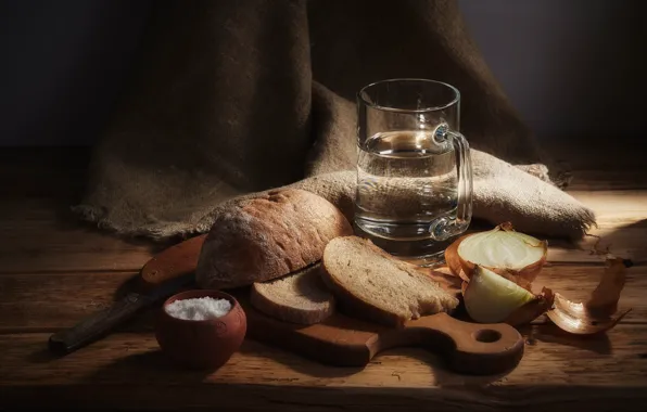 Glass, water, glass, the dark background, table, food, transparent, bow