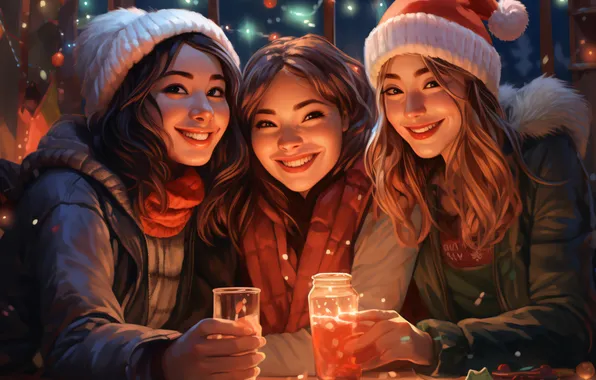 The evening, Look, Smile, Table, Christmas, New year, Girls, Joy