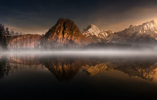 Picture light, mountains, fog, tops, the evening, morning, panorama, pond