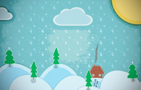 The sky, the sun, clouds, trees, landscape, house, canvas