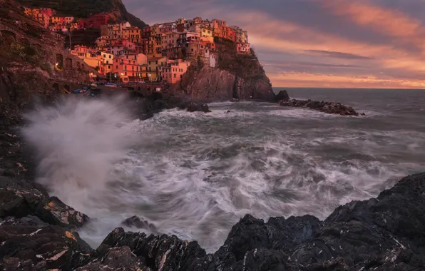 Picture sea, wave, rocks, home, the village