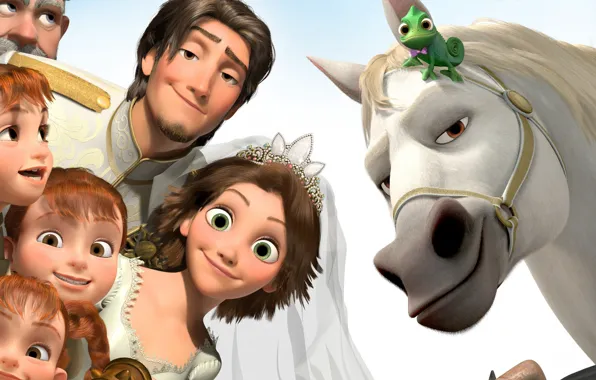 Happiness, children, chameleon, horse, girls, cartoon, Rapunzel, the bride