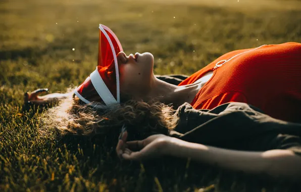 Picture grass, girl, pose, stay, hand, visor, Valeria Taylor, Olga Romanova