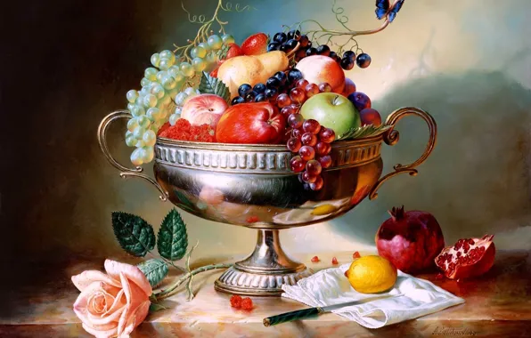 Raspberry, lemon, butterfly, apples, rose, strawberry, grapes, knife