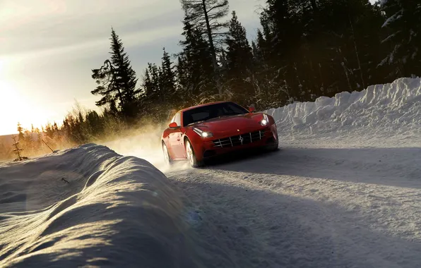 Winter, road, car, machine, forest, the sky, the sun, snow