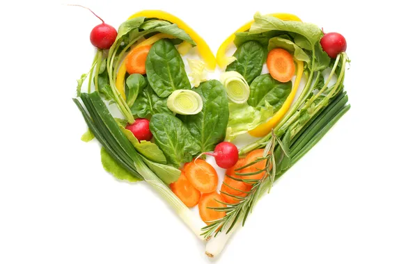 Greens, creative, heart, bow, vegetables, carrots, radishes