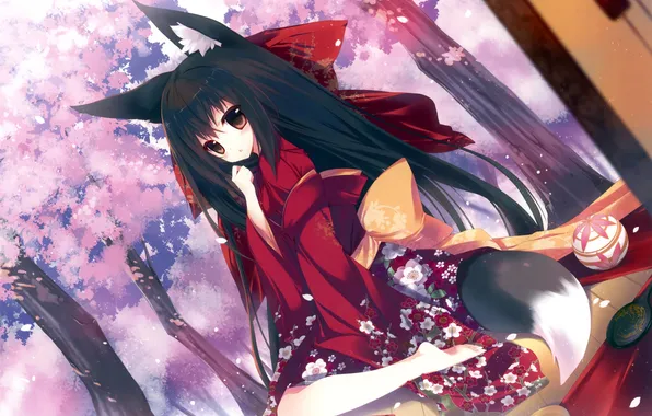 Picture girl, petals, Sakura, tail, kimono, long hair, art, cat ears
