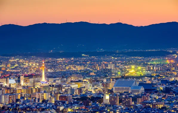 Landscape, mountains, night, lights, home, Japan, panorama, Kyoto