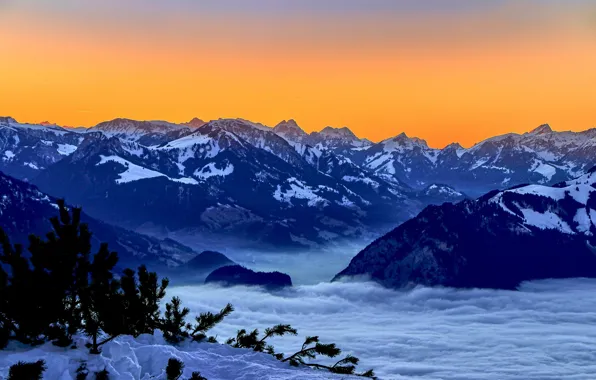 Snow, sunset, mountains, Switzerland, Switzerland, Bernese Alps, The Bernese Alps