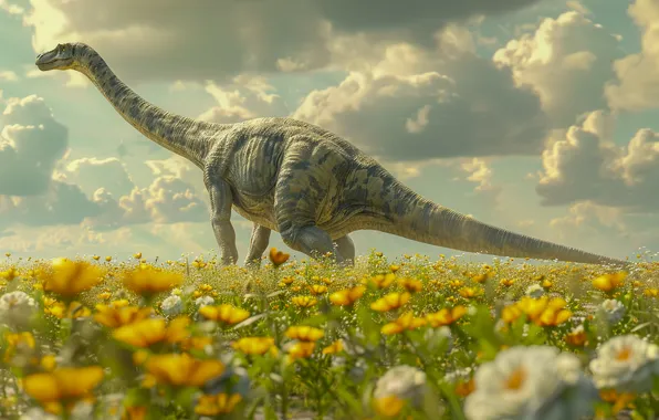 Flowers, Clouds, Dinosaur, Neck, Animal, Tail, Digital art, Ancient animals