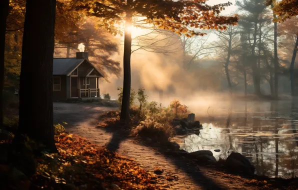 Autumn, forest, the sun, light, trees, fog, house, Park