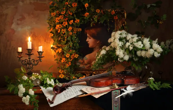 Picture flowers, violin, candle, picture, still life