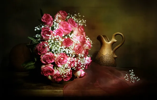 Picture flowers, table, roses, bouquet, vase, pitcher, still life, tulle