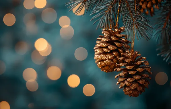 Lights, Christmas, New year, gold plated, needles, bumps, blue background, bokeh