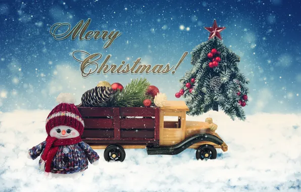 Picture winter, snow, holiday, the inscription, toy, toys, Christmas, truck