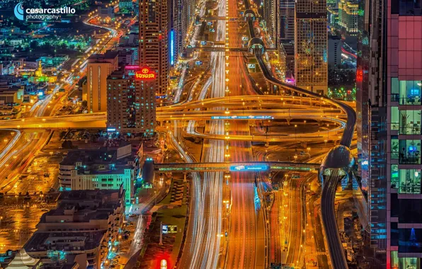 Night, lights, road, Dubai, UAE