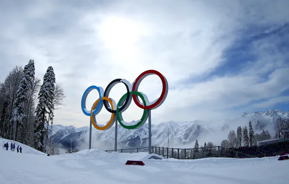 Winter, snow, trees, mountains, Russia, The Olympic rings, Sochi 2014, complex Laura