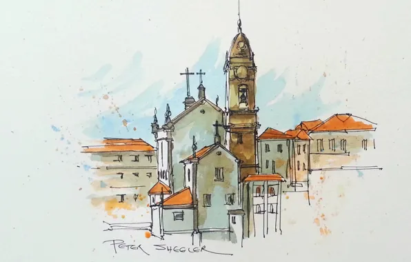 Figure, home, picture, watercolor, the urban landscape, the bell tower