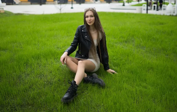 Girl, grass, model, brunette, white dress, boots, sunglasses, leather jacket