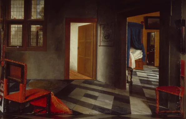 Wallpaper chair, the door, Samuel van Hoogstraten, Interior Of A Dutch Home, interior, picture, room
