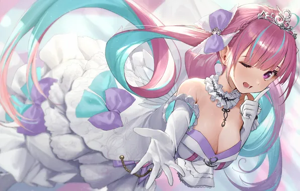 Girl, sexy, cleavage, pink hair, long hair, dress, boobs, sexy girl