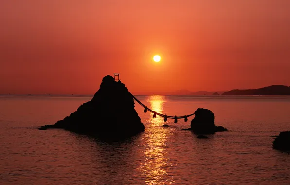 Picture sea, sunset, bridge, stones, rocks, Asia, the gates
