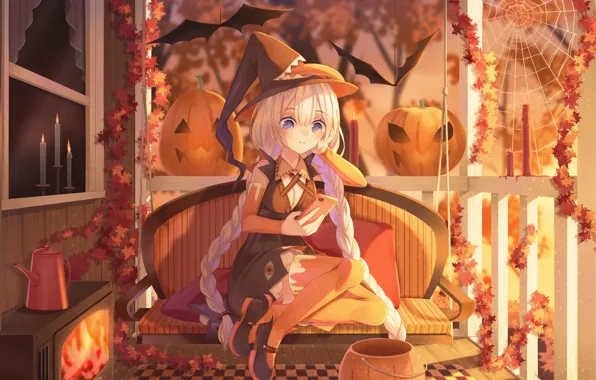Swing, web, fireplace, halloween, veranda, smartphone, cozy, Jack