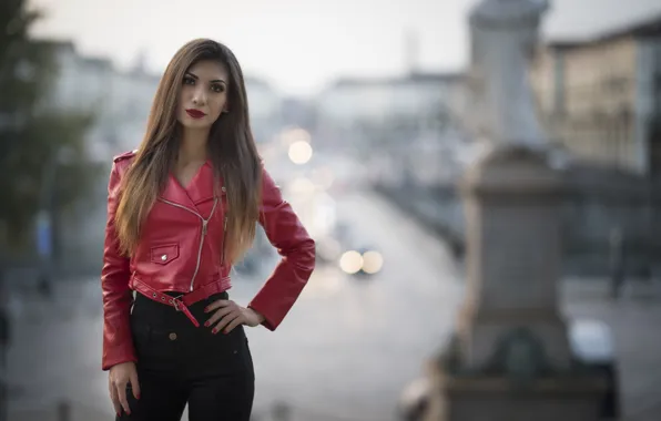 Look, face, model, figure, lipstick, jacket, red, leather