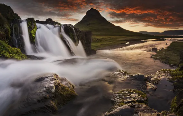 Mountains, rocks, waterfall, Iceland